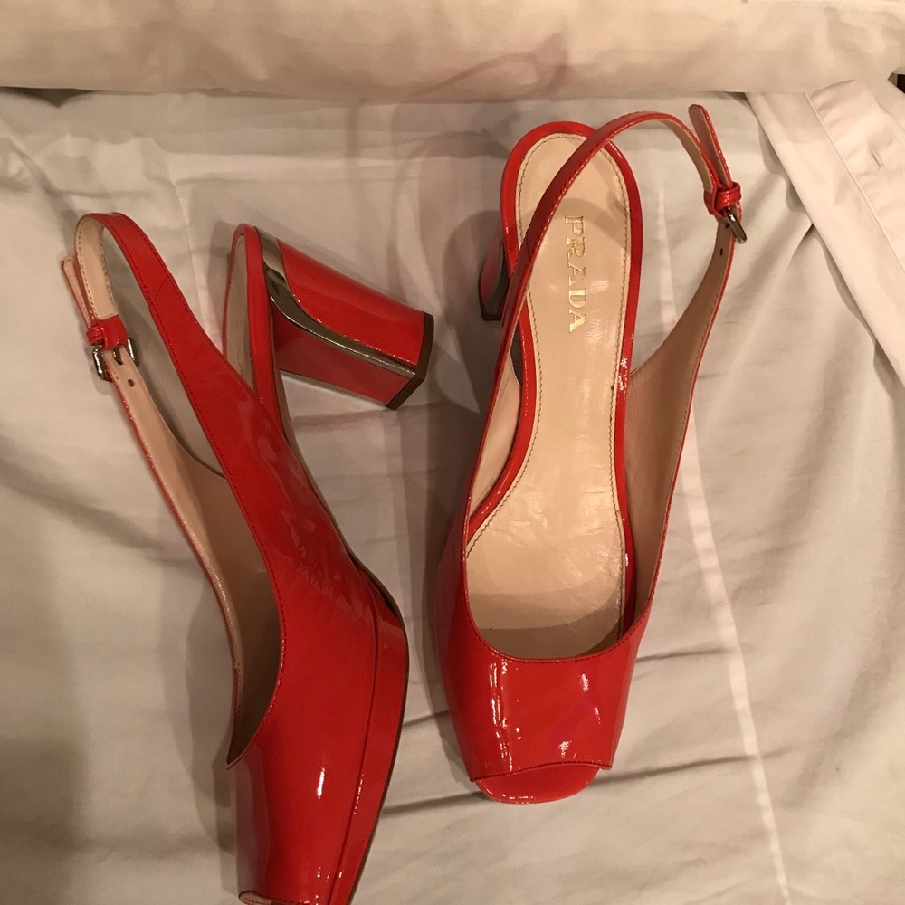 Prada shoes coral sling back peep toe pumps